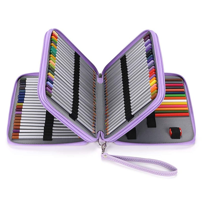BTSKY Deluxe PU Leather Pencil Case For Colored Pencils - 120 Slot Pencil Holder with Handle Strap Handy Colored Pencil Box Large (Purple) - Image 1